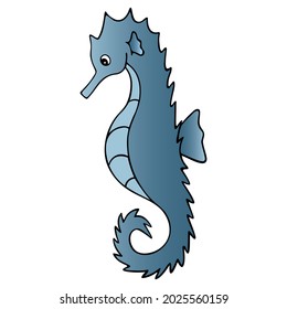 Sea Horse. Fish of the order of needle-like. Master of disguise. Colored vector illustration. Isolated white background. Ocean dweller. Cartoon style. The horse is blue. Idea for web design, sticker