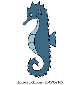 Sea Horse. Fish of the order of needle-shaped. Master of disguise. Colored vector illustration. Isolated white background. Ocean dweller. Cartoon style. The horse is blue. Idea for web design, sticker