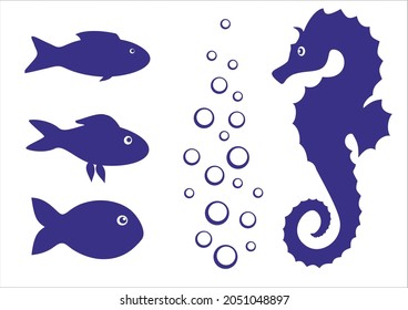 sea horse and fish set vector illustration