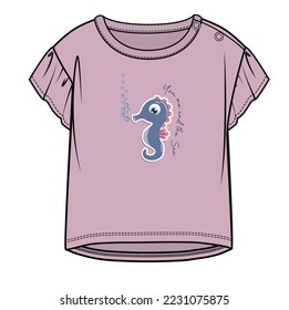 SEA HORSE GRAPHIC DROP SLEEVES KNIT TOP FOR TODDLER GIRL AND BABY GIRL SET IN EDITABLE VECTOR