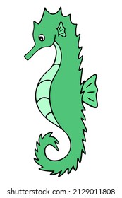 Sea Horse. Green horse. Fish of the needle-like order. Master of disguise. Color vector illustration. Isolated background. Ocean dweller. Cartoon style. Idea for web design.