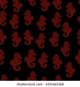 Sea horse hippocampus watercolor illustration on brown, black and red background. Vector. Abstract seamless pattern for boys, girls, clothes, wallpaper.