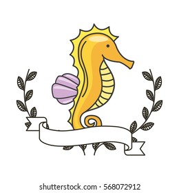 sea horse icon with decorative wreath of leaves and ribbon over white background. colorful design. vector illustration