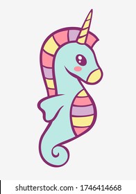 Sea horse kawaii cartoon. Funny fantasy little sea horse with horn multi colored anime style charming manga fantasy cute vector art creative magic fairy tale design.