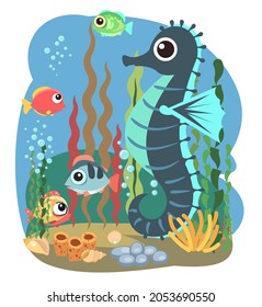 Sea Horse. Little landscape. Underwater life. Wild animals. Ocean, sea. Summer water. Isolated on white background. Illustration in cartoon style. Flat design. Vector art.