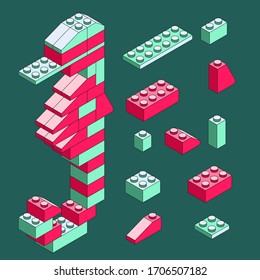 Sea Horse made of blocks. Isometric constructor. Blocks and elements to create funny figures. Flat design.