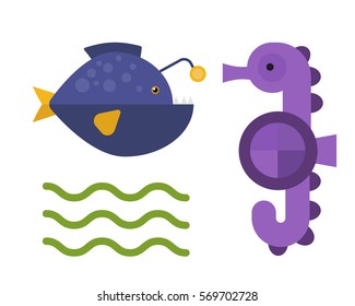 Sea horse and maline life animal vector illustration.