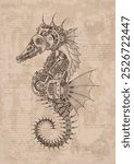 Sea horse with a metal body on mechanical control in steampunk style. Poster on old on beige background