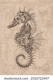 Sea horse with a metal body on mechanical control in steampunk style. Poster on old on beige background