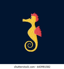 Sea horse patch embroidery, vector illustration of sea animal, cute character of underwater life, decorative pattern element for baby, children clothes, things design