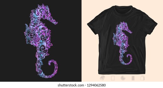 Sea horse. Print for t-shirts and another, trendy apparel design. Symbol of travel, freedom, navigation, sea adventure 