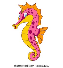 Sea horse. Seahorse. Cartoon character isolated on white background. Colorful design for kids activity book, coloring page, colouring picture. Vector illustration for children.