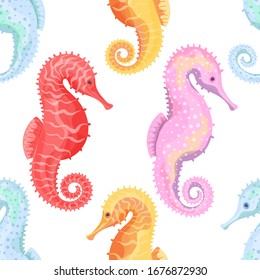 Sea Horse. Seamless pattern with the image of fish and the underwater world. Imitation of watercolor. Isolated illustration