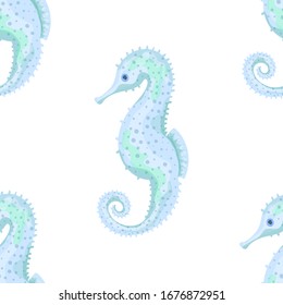 Sea Horse. Seamless pattern with the image of fish and the underwater world. Imitation of watercolor. Isolated illustration