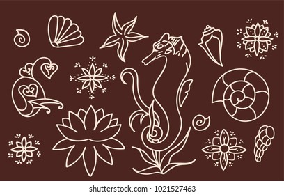 Sea horse, shells and doodle elements. Graphic sea life collection. Vector ocean creatures isolated on dark brown background. Set of simple line drawings. Hand drawn illustration. 
