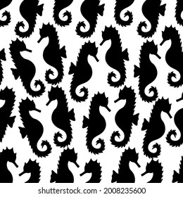 Sea Horse. Silhouette. Repeating vector pattern. Isolated colorless background. Seamless marine ornament. Fish of the order of needle-like. Master of disguise. Ocean dweller. The horse is black. 