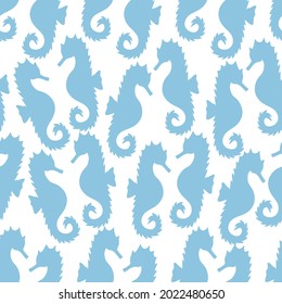 Sea Horse. Silhouette. Repeating vector pattern. Isolated colorless background. Seamless marine ornament. Fish of the order of needle-like. Master of disguise. Ocean dweller. The horse is blue. 