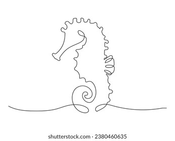 Sea horse swims underwater. Set of sea ocean elements. One continuous line. One continuous drawing line logo isolated minimal illustration.