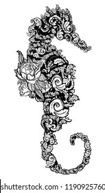 Sea horse tattoo and t-shirt design. Symbol of travel, freedom, sea adventure 