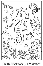 Sea horse under water. Black and white vector illustration for coloring book.