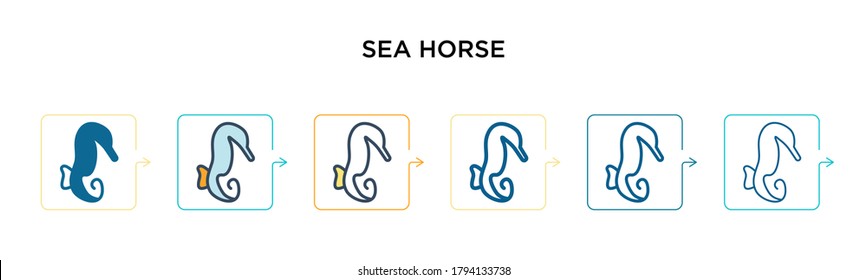 Sea horse vector icon in 6 different modern styles. Black, two colored sea horse icons designed in filled, outline, line and stroke style. Vector illustration can be used for web, mobile, ui