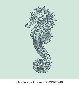 Sea horse. Vector illustration in engraving technique of sea horse.