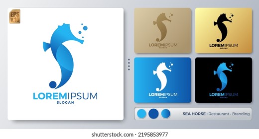 Ilustración vectorial del caballo de mar Diseño del logotipo. Nombre en blanco para insertar su marca. Diseñado con ejemplos para todo tipo de aplicaciones. Se puede utilizar para la empresa, la industria, el parque acuático, el restaurante.