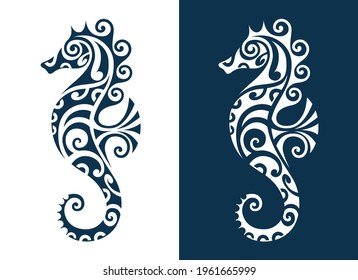 Sea horse vector illustration maori style tattoo. Stylized graphic seahorse. Blue on white background.