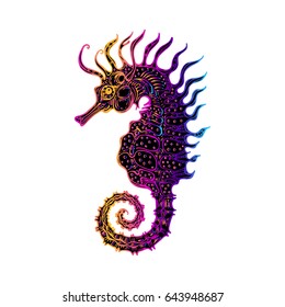 Sea horse, vector illustration of marine tropical fish. Totem animal for tattoos. Design element. Linear stylized image of of marine life. Print on t shirt, cover. Mascot.