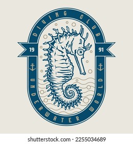 Sea horse vintage emblem colorful for diving club teaching tourists to snorkel among marine animals vector illustration