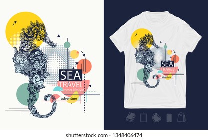 Sea horse, zine culture style. Print for t-shirts and another, trendy apparel design. Symbol of freedom, adventure. Sea travel slogan 