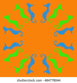 Sea  Horses circular   pattern . Hand drawn.