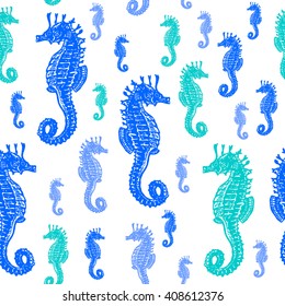 Sea Horses colorful seamless vector pattern. Realistic engraved style of Sea Horses on white background.