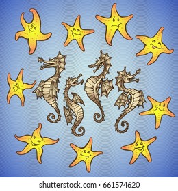 Sea horses & funny starfish on blue backgrounds; RGB EPS 10 vector illustration
