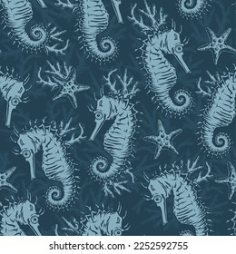 Sea horses pattern seamless monochrome beautiful exotic underwater animals near corals and starfish floating in tropical ocean vector illustration