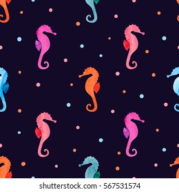 Sea horses seamless pattern. Vector watercolor colorful seahorse background.