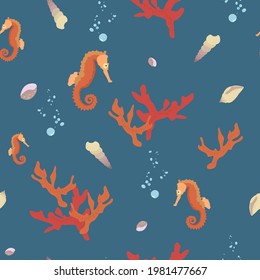 Sea horses with seashells and corals vector seamless pattern EPS10