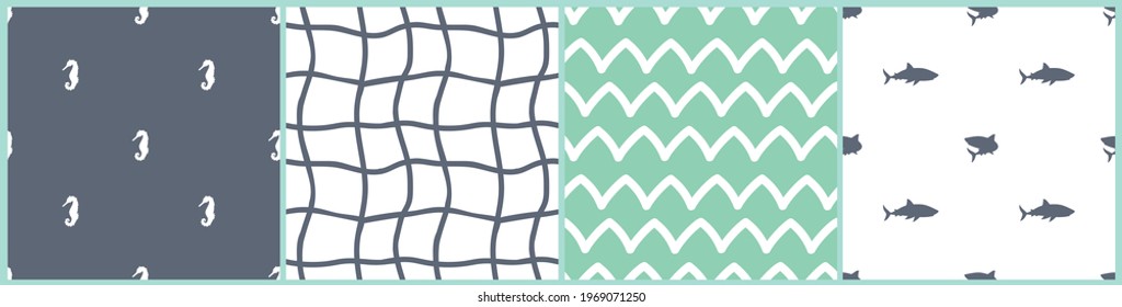 Sea horses, sharks, fishing net and waves seamless patterns. Vector cartoon set of underwater ocean, sea illustrations in blue, green, white colors