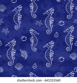 Sea horses vector seamless pattern. Hand drawn illustration.