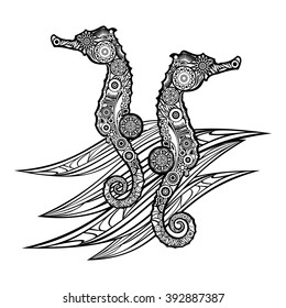 Sea Horses in waves for adult anti-stress coloring book. Ornamental tribal patterned Sea Horses for poster, print or t-shirt design. Hand drawn monochrome vector illustration.