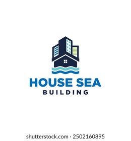 Sea House Building Gradient Logo. BaHouse building Logo with sea waves logo graphic design vector illustration.
