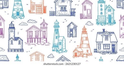 Sea house and lighthouse pattern. Seamless sea beach background. Summer marine vector pattern with lighthouse and boat house facade. Doodle sailor illustration. Crayon line old town street seamless bg
