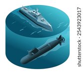 Sea hunting. Submarine and anti-submarine ship are hunting each other. Vector illustration on isolated background