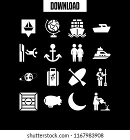 sea icon. 16 sea vector set. couple silhouette, bag for travel, half moon and speedboat icons for web and design about sea theme