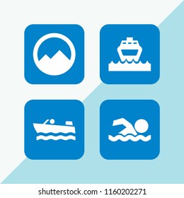 sea icon. 4 sea set with mountains inside a circle, person travelling in a boat transport floating on the sea, swimming silhouette and cruise vector icons for web and mobile app