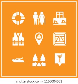 sea icon. 9 sea vector set. elderly couple silhouettes with canes, shark cage, lifebuoy and yatch icons for web and design about sea theme