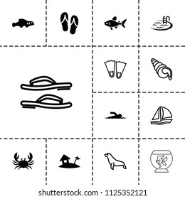 Sea icon. collection of 13 sea filled and outline icons such as crab, pool, home on island, swimmer, flip flops, extinct fish, seal. editable sea icons for web and mobile.
