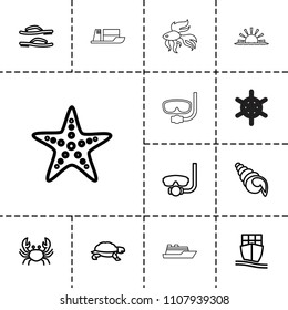 Sea icon. collection of 13 sea outline icons such as crab, turtle, underwater mask, cargo ship, starfish, flip flops, shell, fish, ship. editable sea icons for web and mobile.