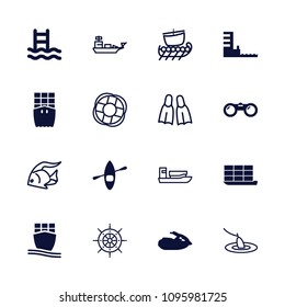 Sea icon. collection of 16 sea filled and outline icons such as cargo ship, harbor, jet ski, rowing boat, binoculars, fish, ship. editable sea icons for web and mobile.
