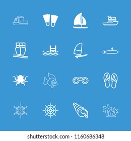 Sea icon. collection of 16 sea filled and outline icons such as octopus, flippers, pool, sailboat, cargo ship, windsurfing, flip flops. editable sea icons for web and mobile.